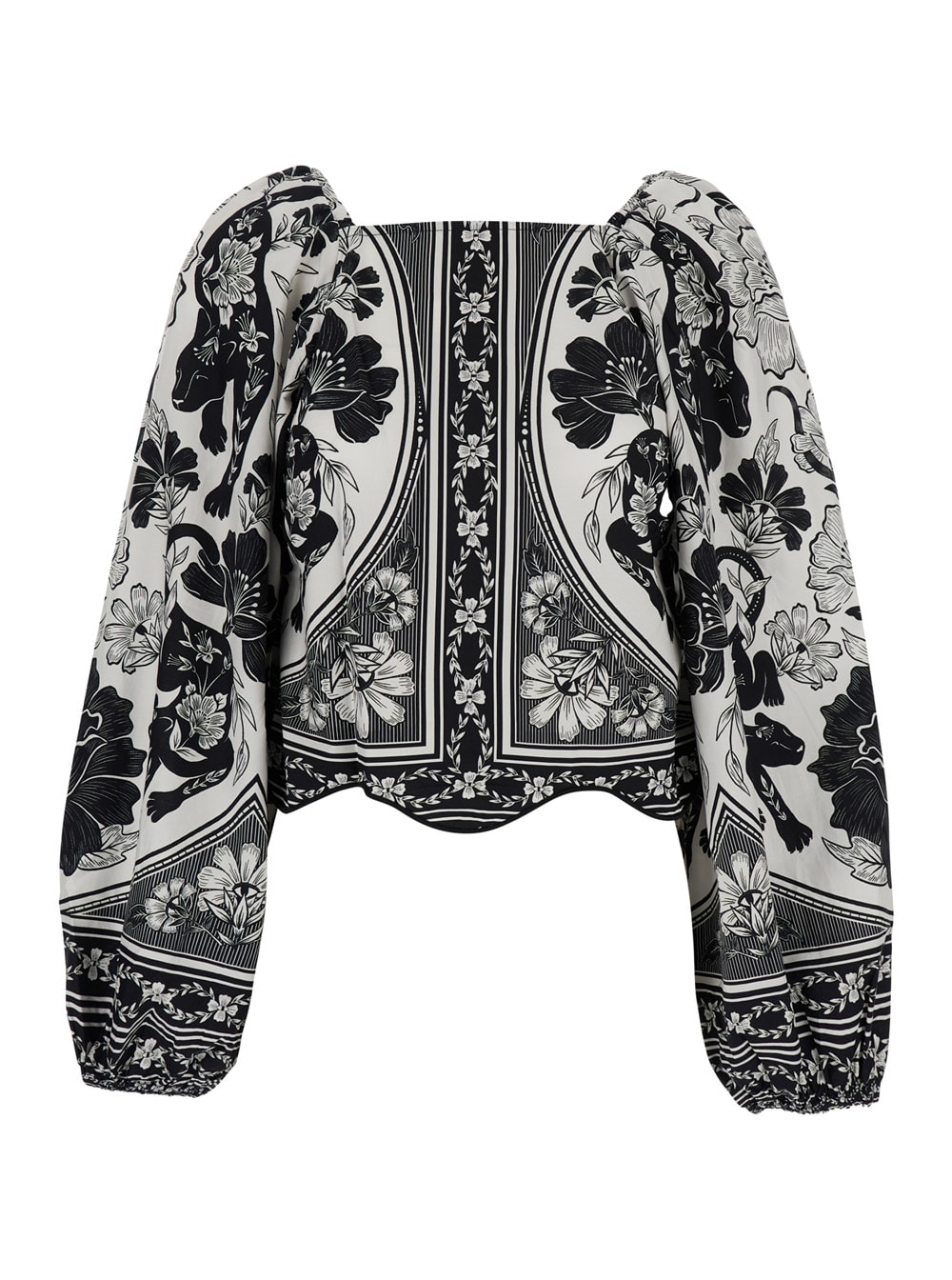 Flower Leopard Black And White Blouse With Boat Neckline And All-over Floral Print In Cotton Woman