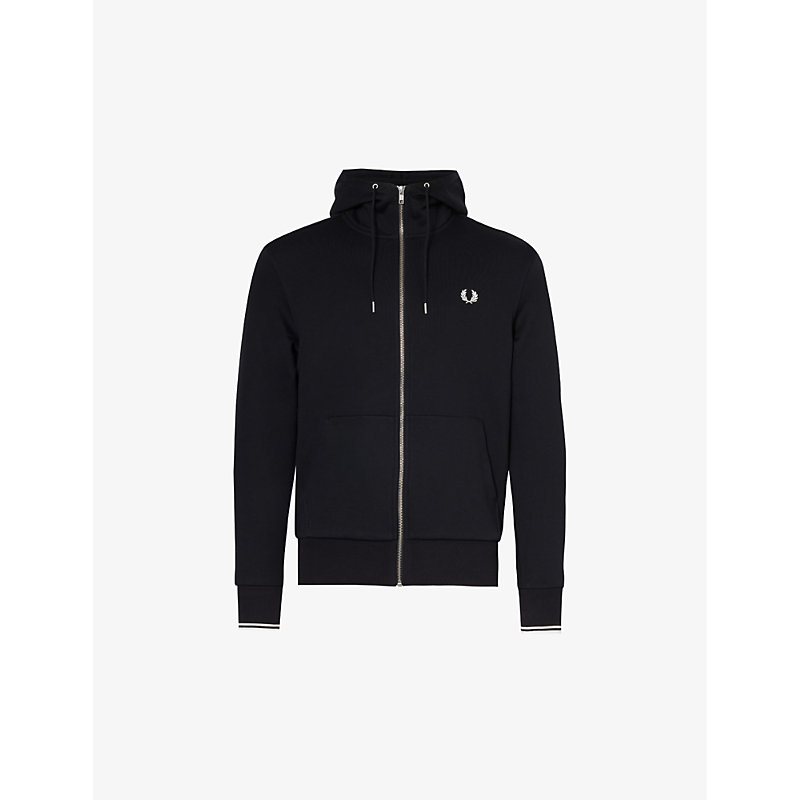 Mens Black Logo-embroidered Zip-up Cotton-blend Hoody