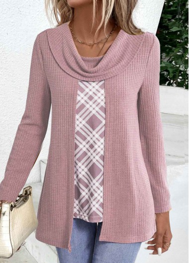 Modlily Dusty Purple Plaid Long Sleeve Fake Two Piece Twinset
