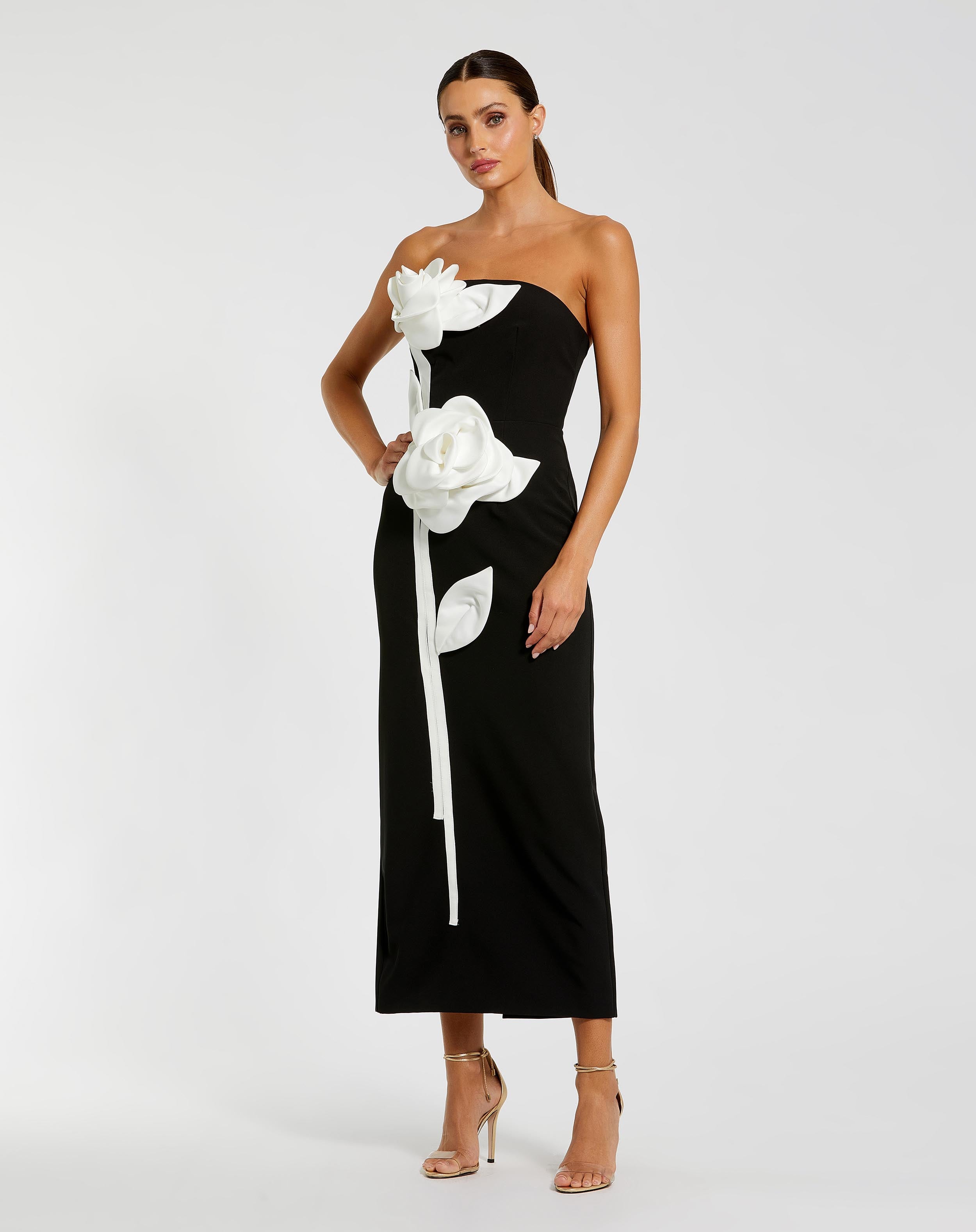 Black Strapless Crepe Ankle Wedding Guest Dress with 3D Satin Flowers Black Ivory