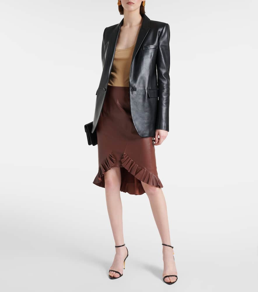 Ruffled leather midi skirt