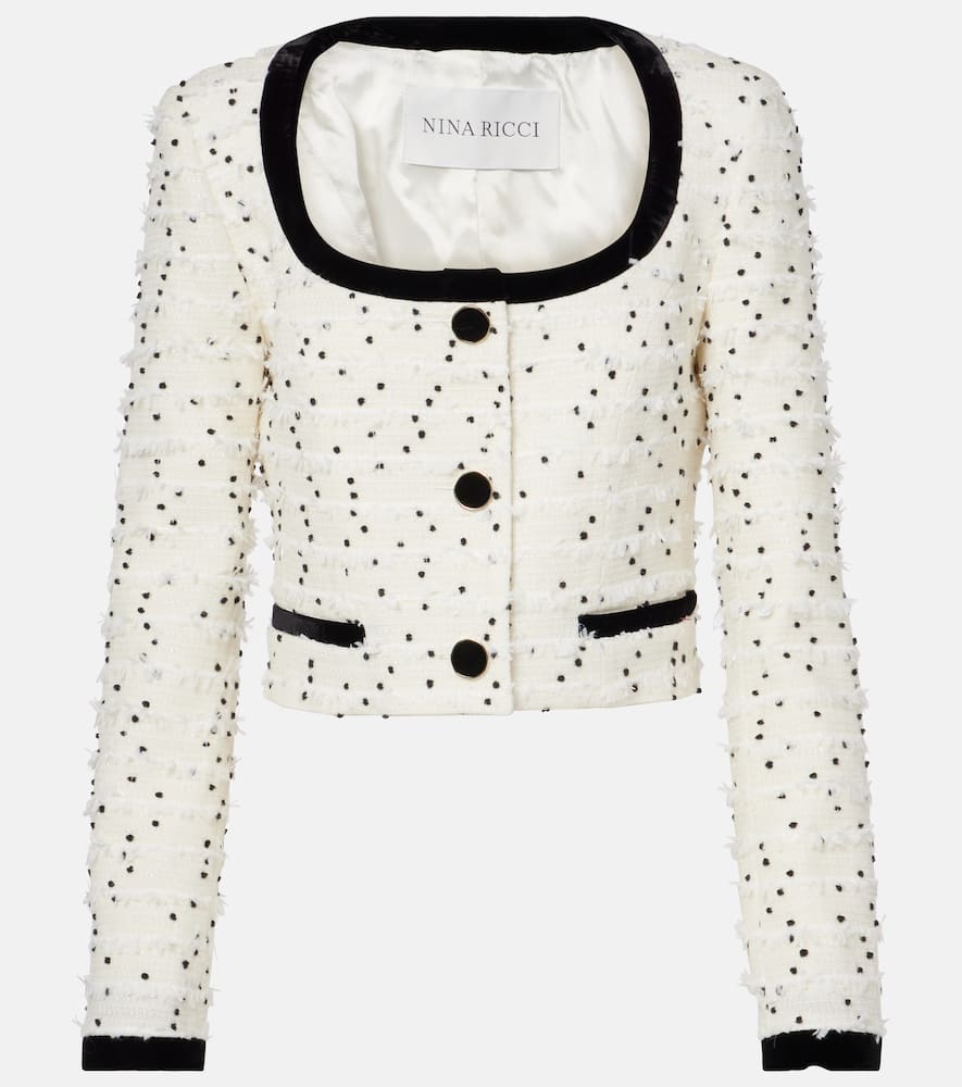 Polka-dot fringed wool-blend tweed jacket