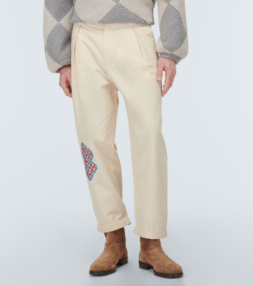 Embroidered straight cotton pants