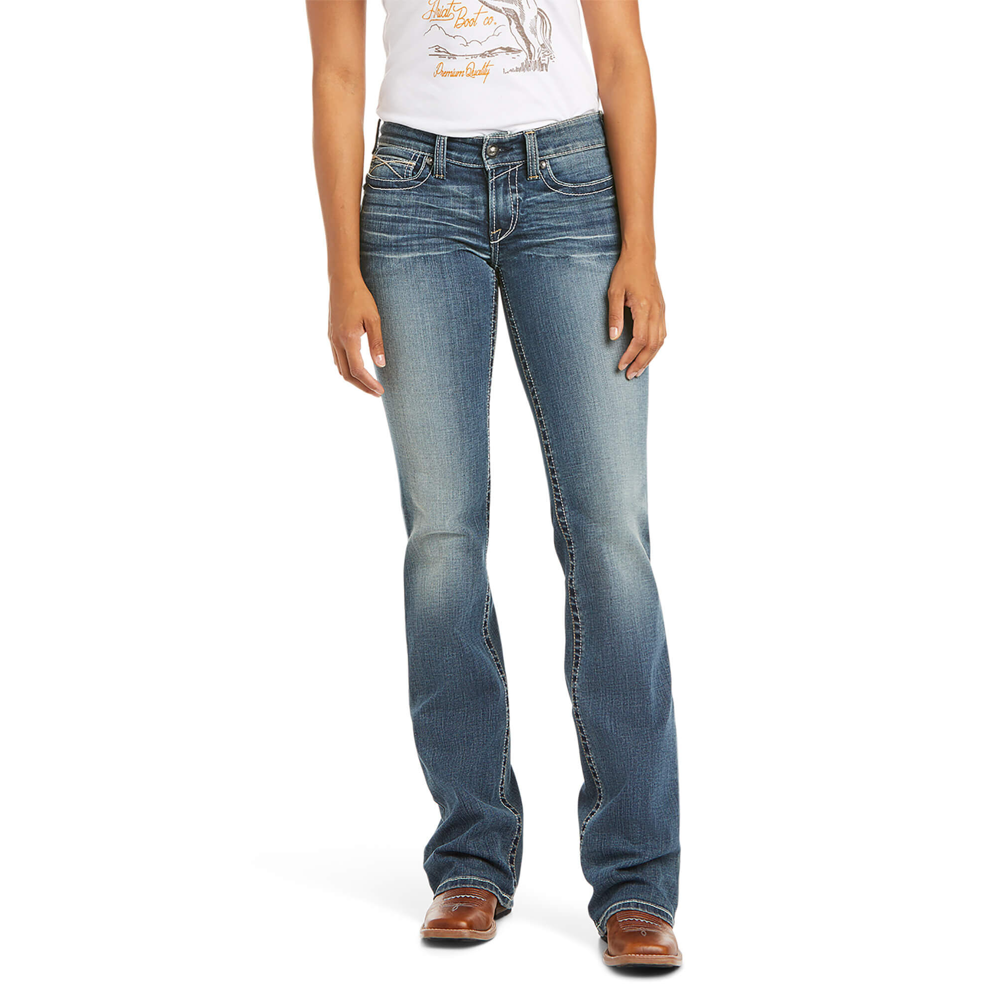 Women's R.E.A.L. Mid Rise Stretch Whipstitch Boot Cut Jeans in Rainstorm Cotton