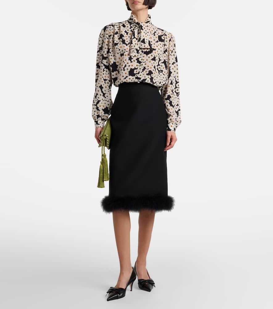 Feather-trimmed wool and silk Crepe Couture midi skirt