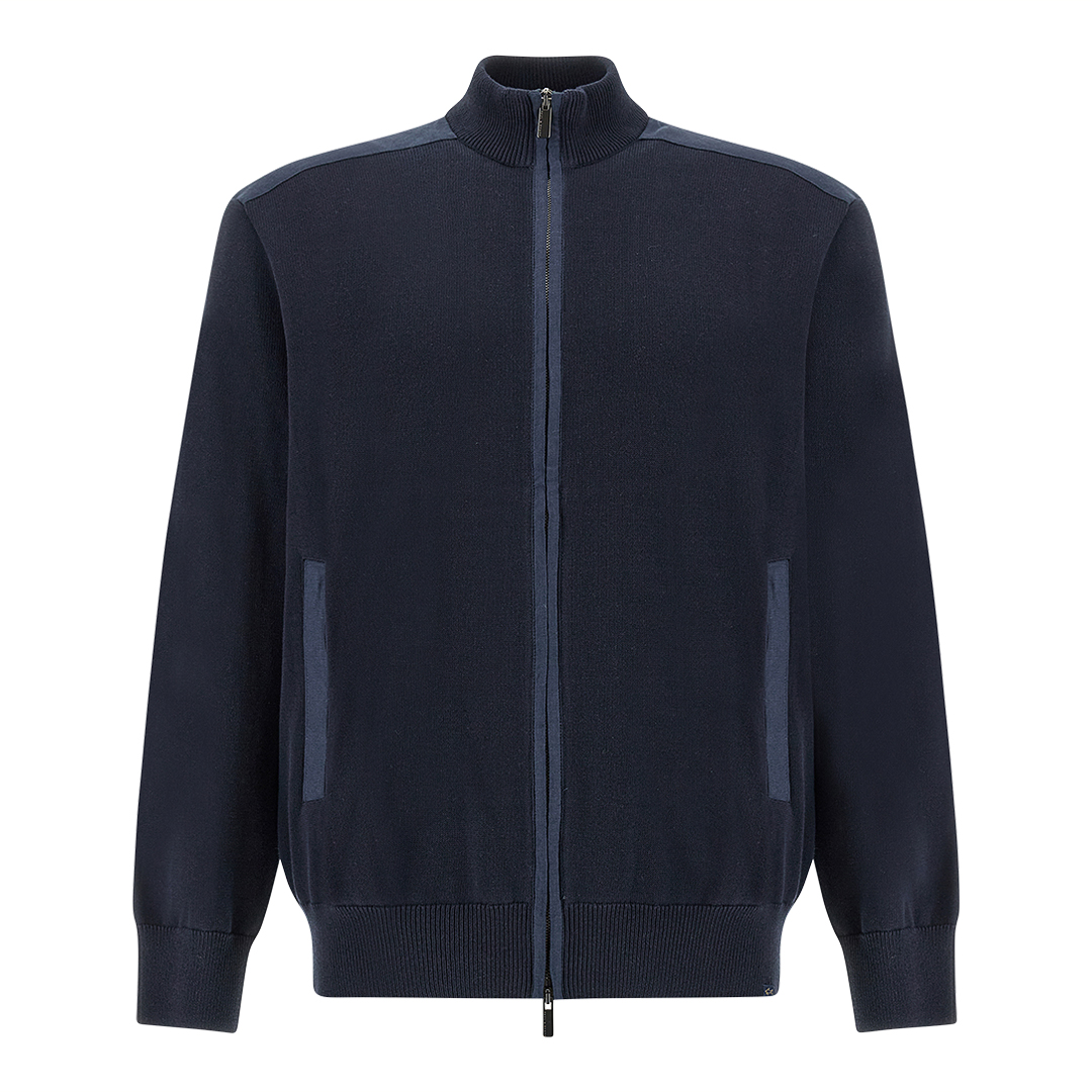 Zip‑up sweater in Fresco cotton with linen details, Man, Blue