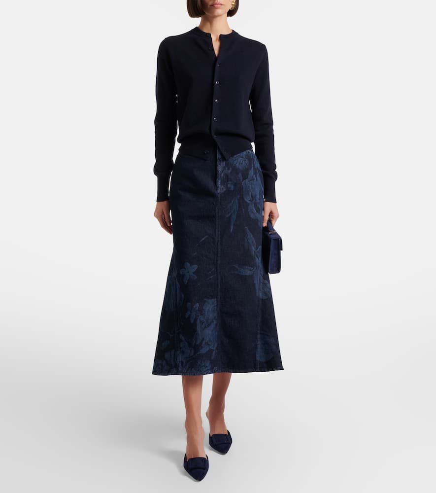 Floral flared denim midi skirt