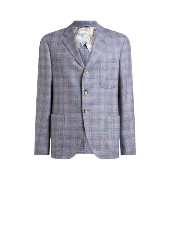 Single-breasted Silk And Wool Mouliné Jacket With Check Motif