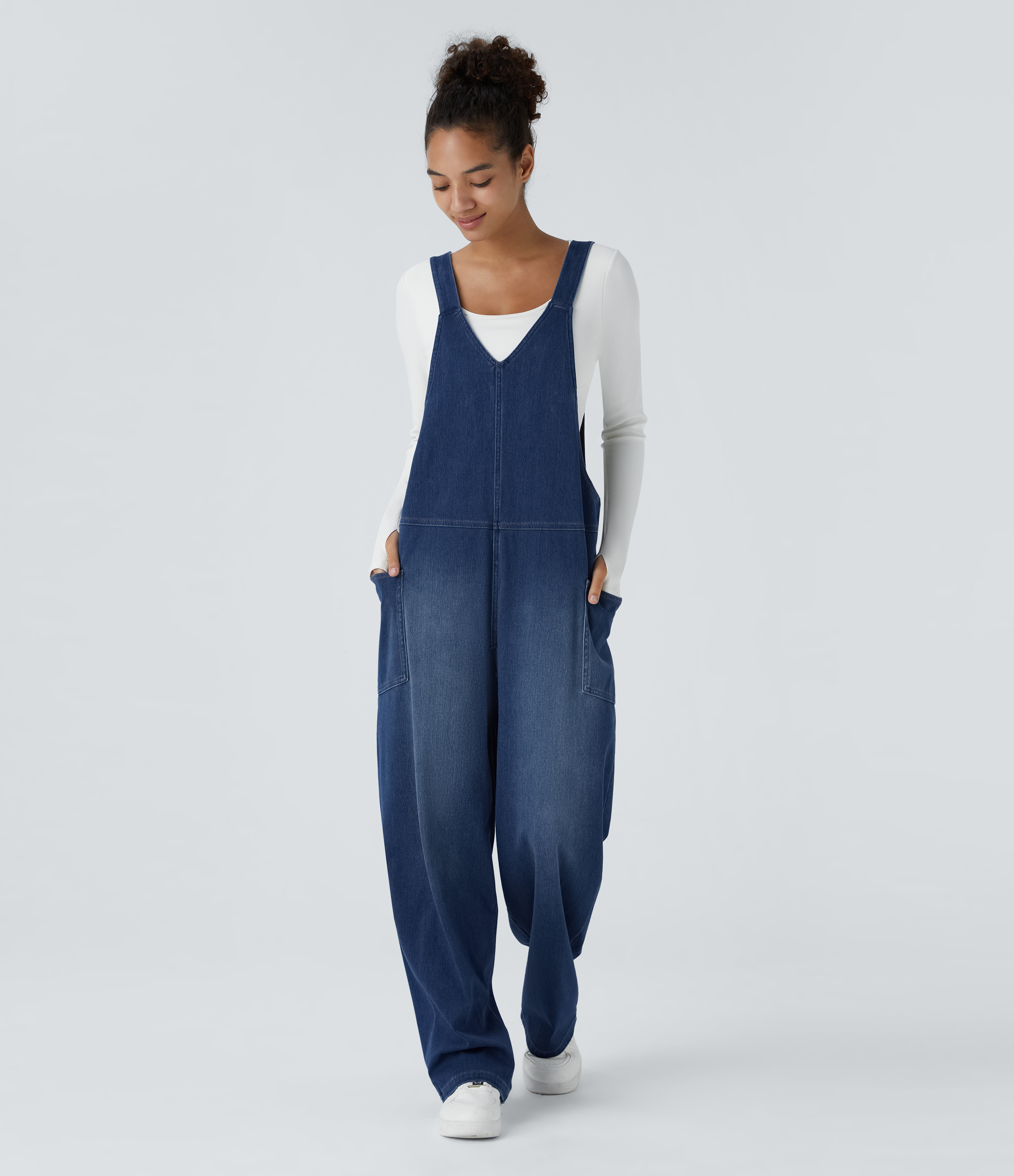 Flex™ V Neck Pocket Washed Denim Casual Overalls  - Serene Blue Denim