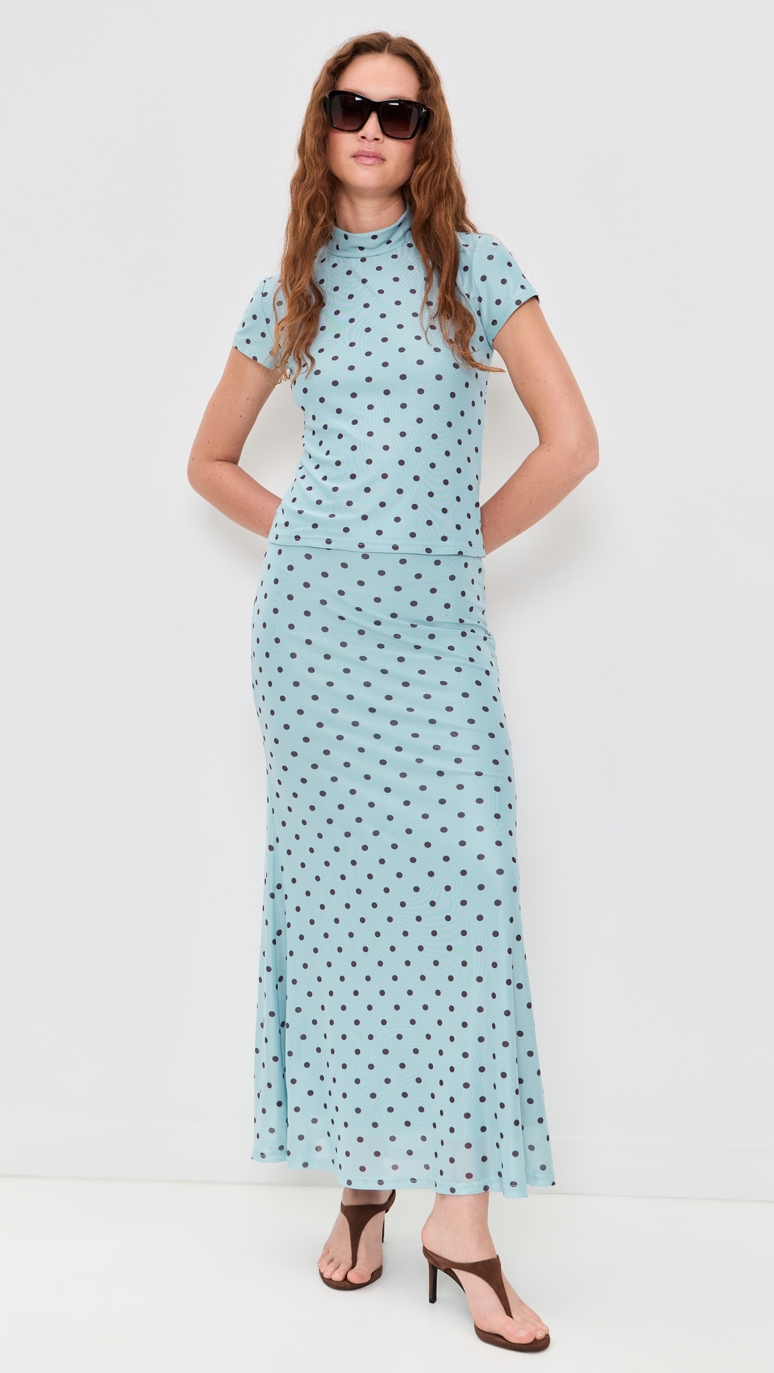 Polka Dot Mesh High Neck Top Blue/Brown