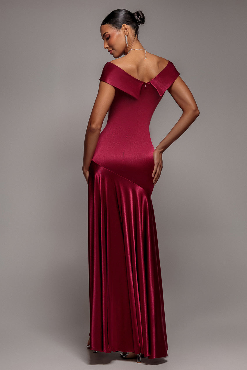 Goddiva Satin Off Shoulder Pleated Maxi Dress - Berry