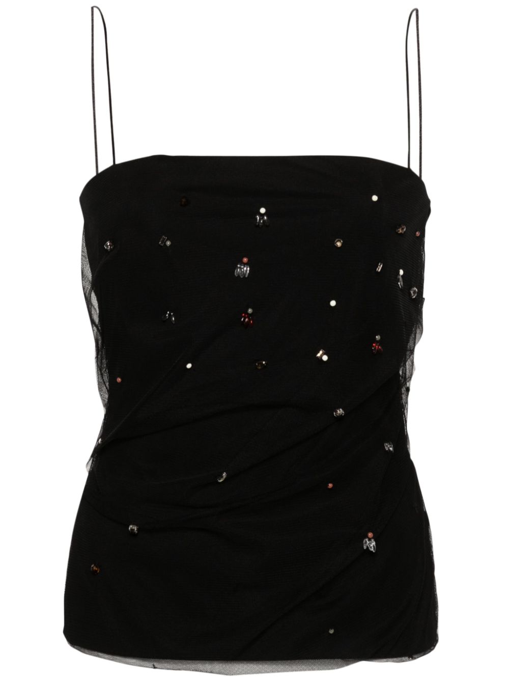 Bead-embellished tulle-overlay top - Black