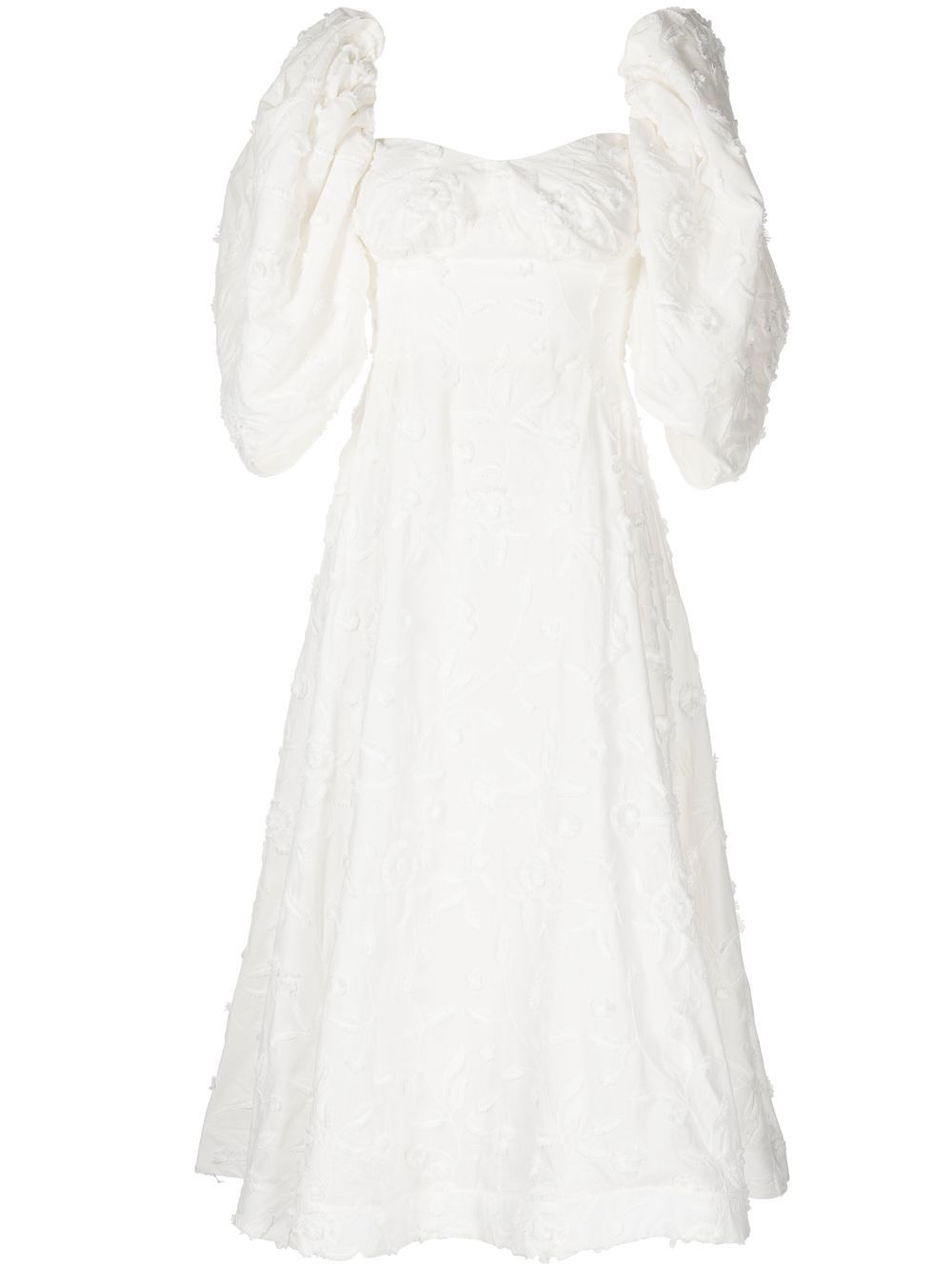 Puff-sleeve floral-embroidered midi dress - White