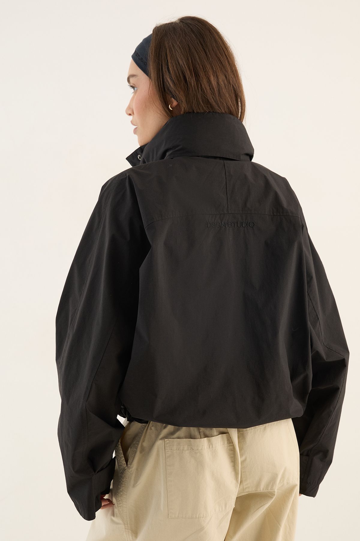 DSGN Studio Womens Funnel Neck Hooded Waterproof Windbreaker - Black Nylon
