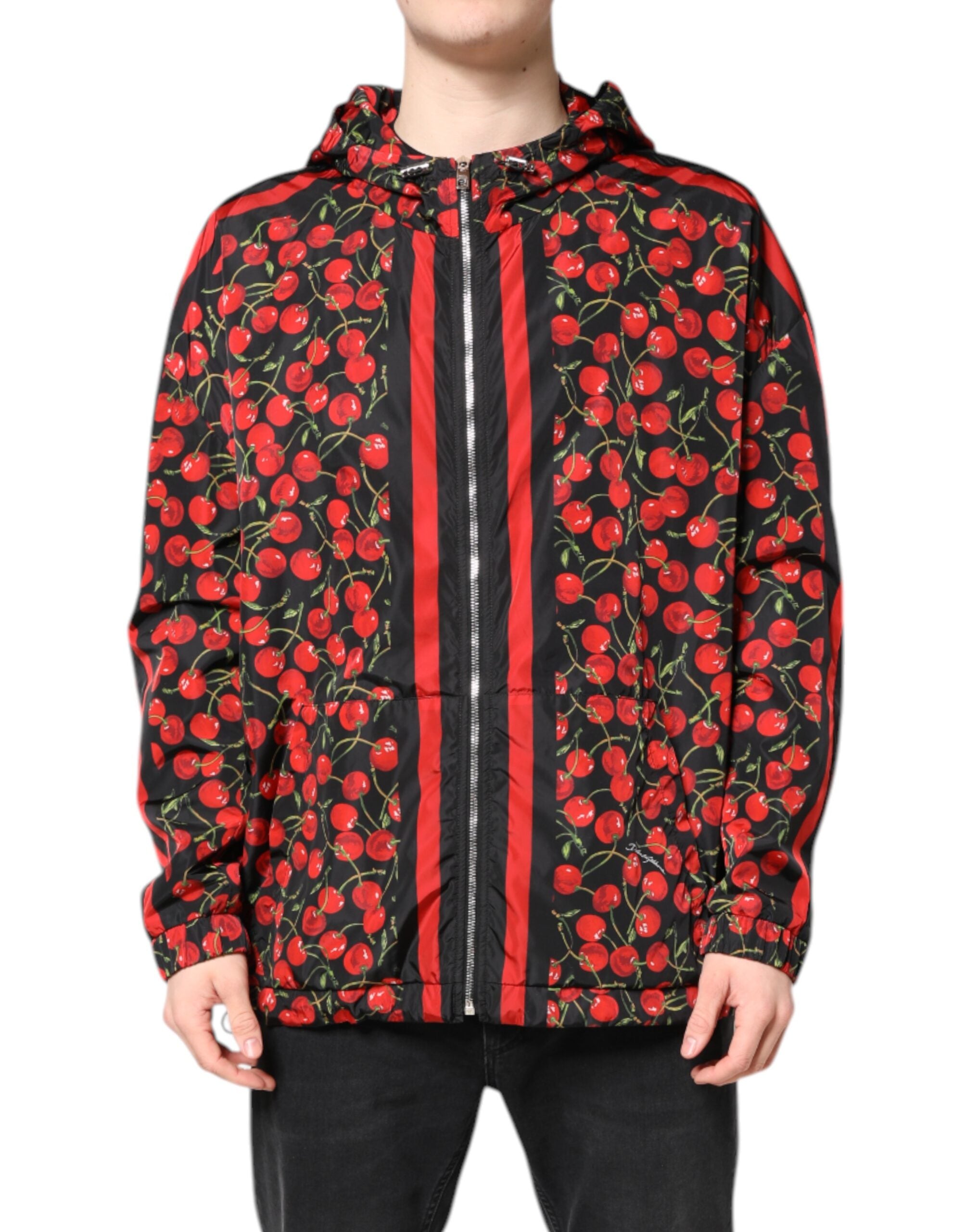 Cherry-Print Hooded Windbreaker Jacket — Black
