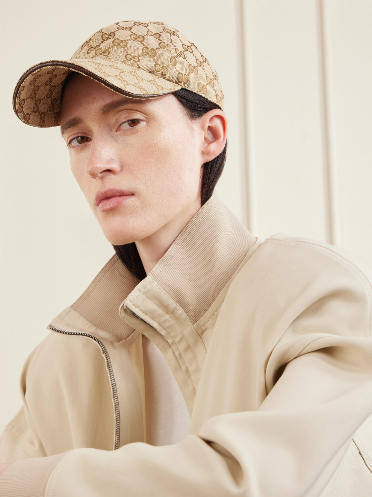 Leather-trimmed Cotton-blend Canvas-jacquard Baseball Cap - Neutrals