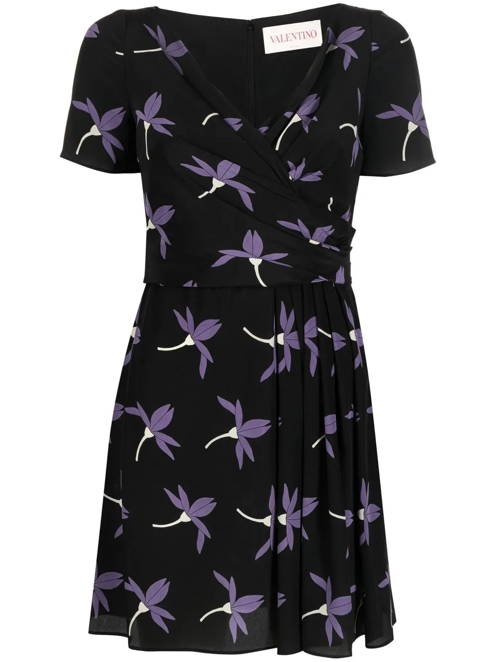 Floral-Print Pleated Dress — Black