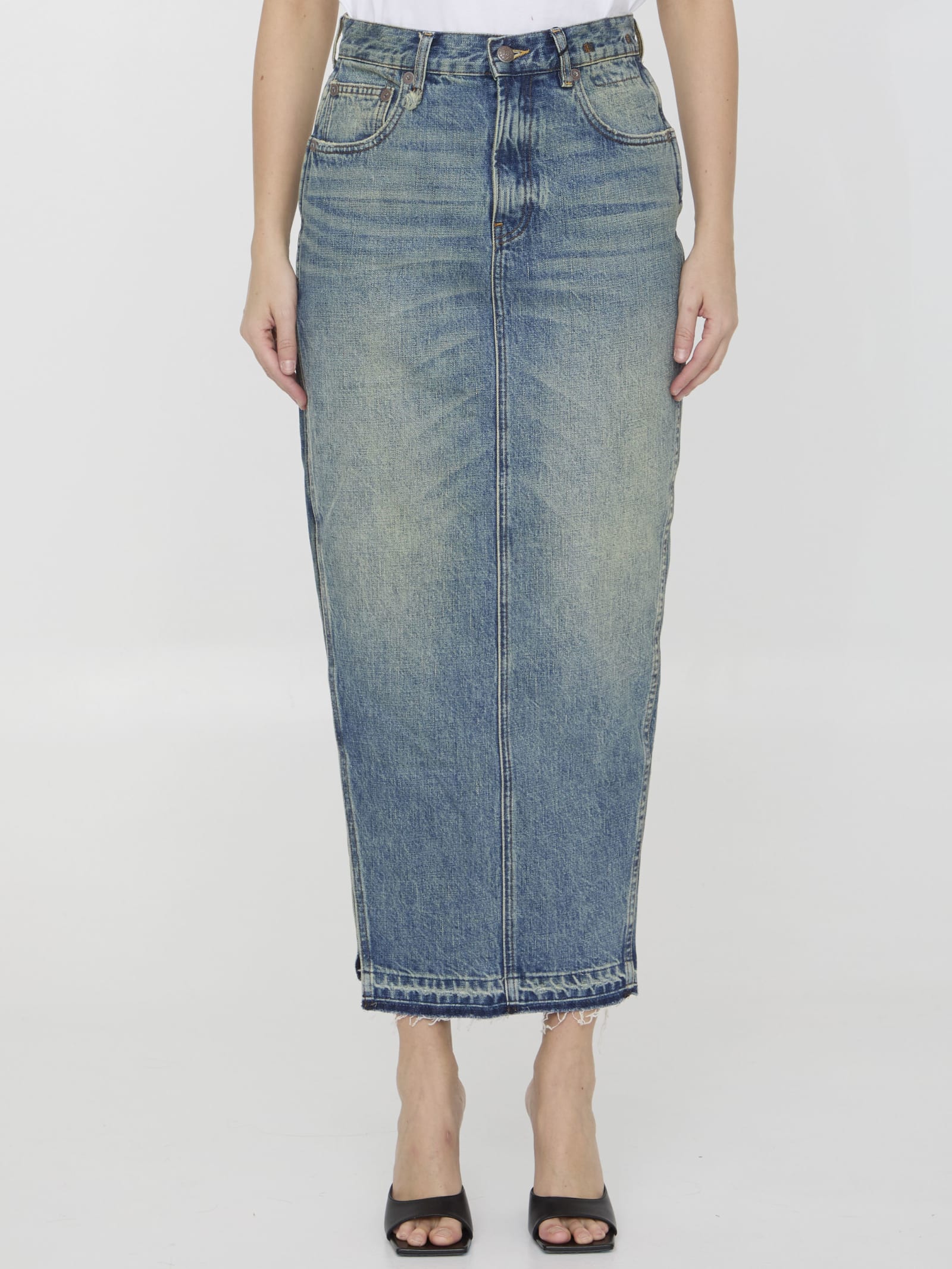 Side-slit denim midi skirt - Blue