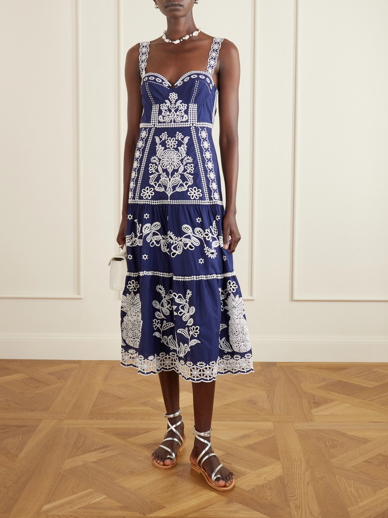 Tiered Embroidered Cotton-poplin Midi Dress - Blue