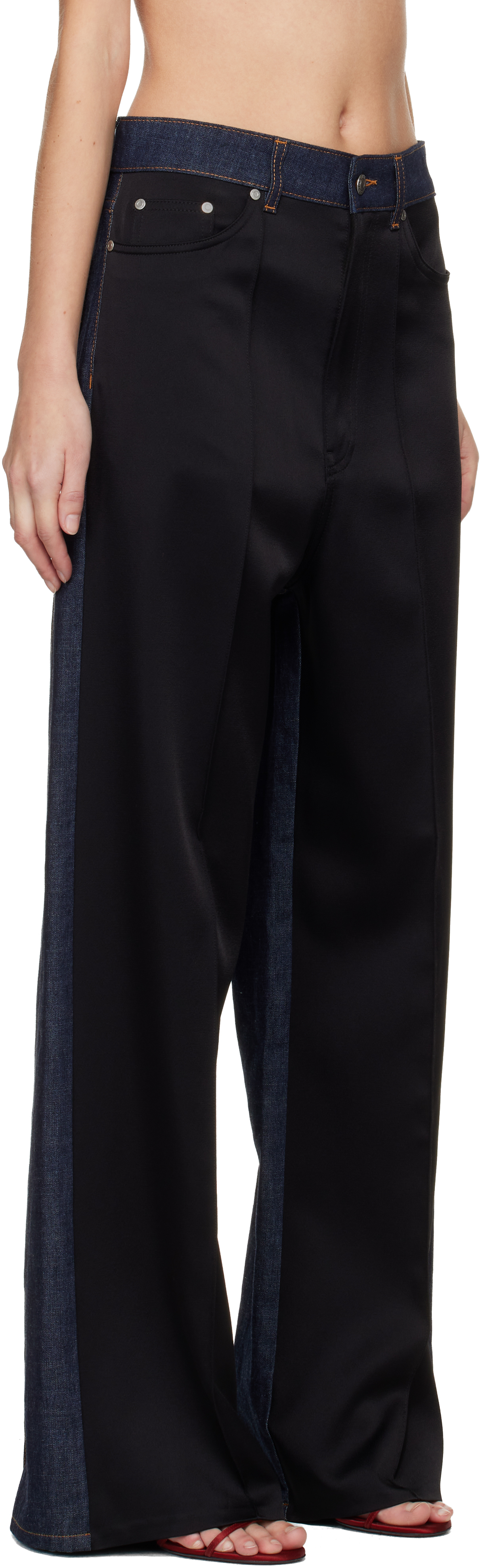 Navy & Black Wide-Leg Satin-Panel Jeans