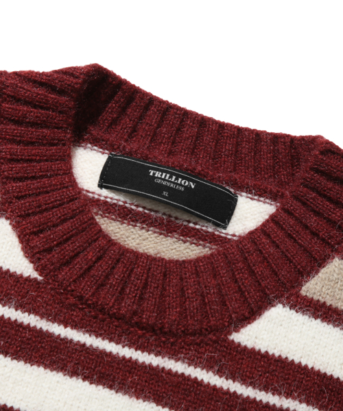 Washable Hairy Stripe Crewneck Knit_Red