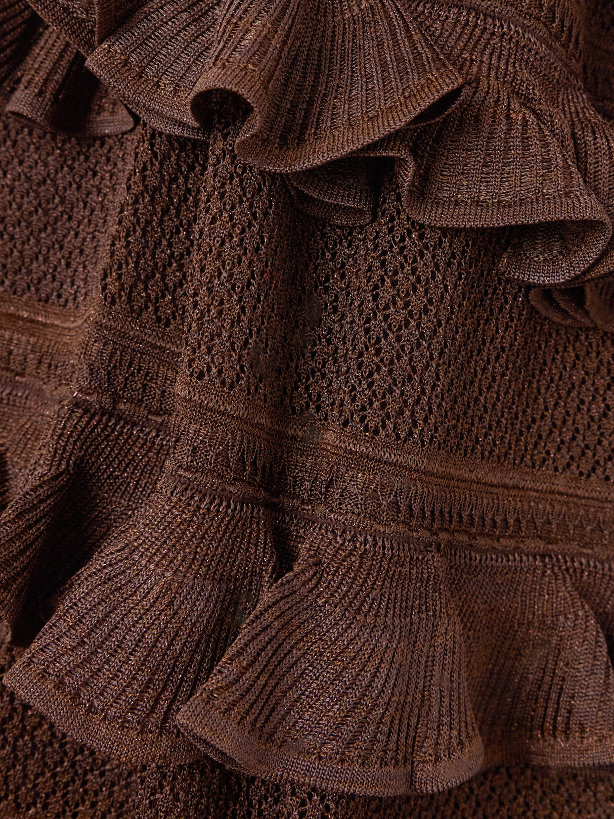 Ruffled Tiered Pointelle-knit Midi Dress - Brown
