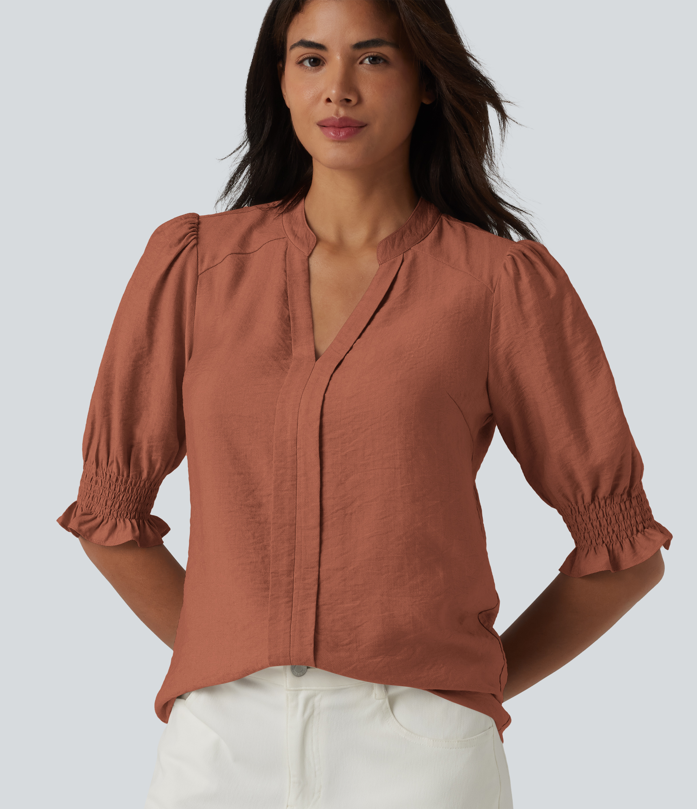 V Neck Puff Short Sleeve Casual Blouse  - Rust