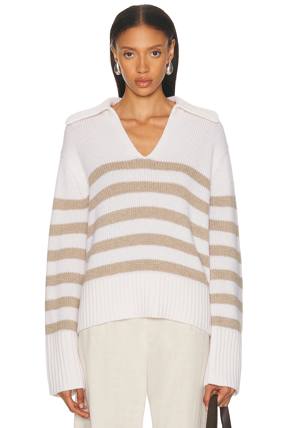 Jenni Kayne Cashmere Phoebe Polo Sweater in Ivory & Toast Stripe - Ivory.  XL also in L