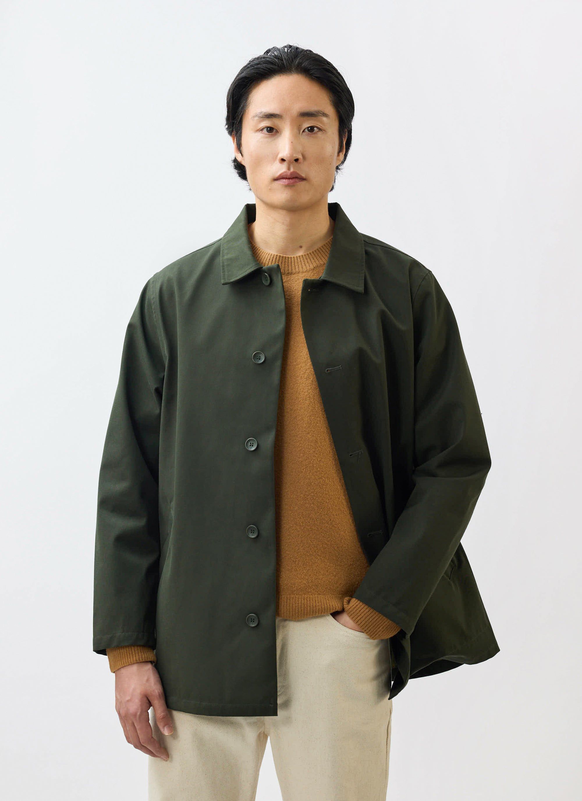 Men's Sherlock Short Trench Coat Waterproof Dark Green with Check