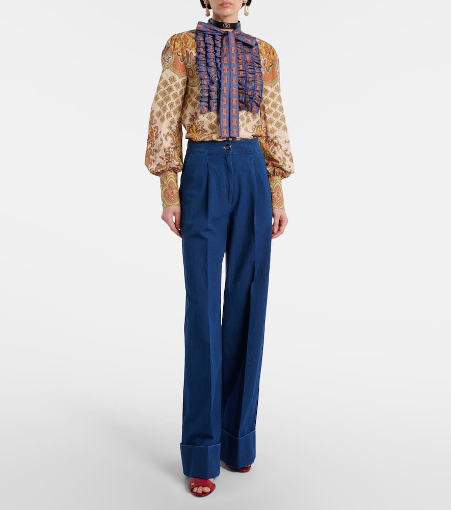 High-rise pleated wide-leg jeans
