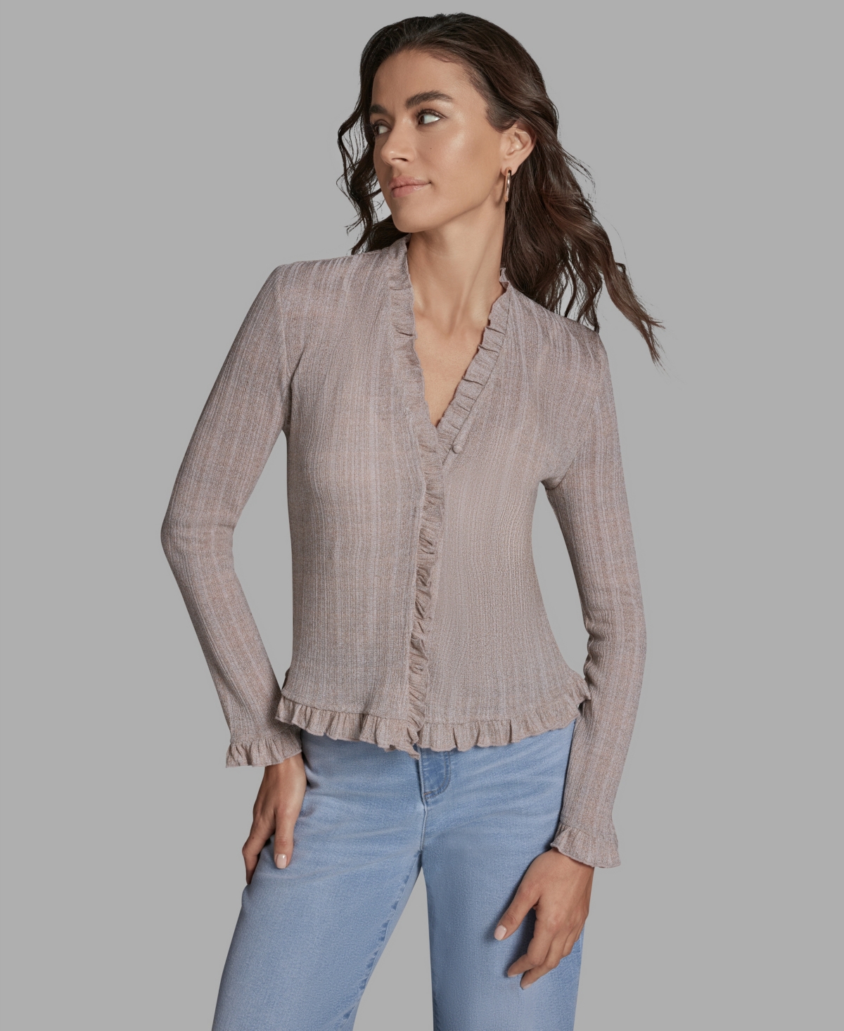 Women's V-Neck Ruffle Hem Cardigan Sweater - Beige/Cream White/Silver Lurex