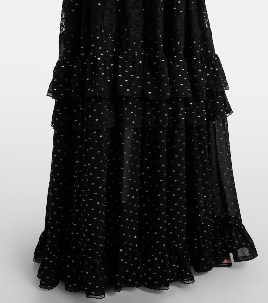 Lace-trimmed polka-dot chiffon maxi skirt