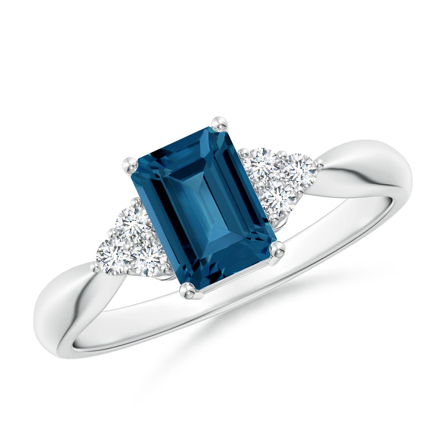 Angara 1.2 Carats Emerald-Cut London Blue Topaz Ring with Trio Diamonds in Platinum