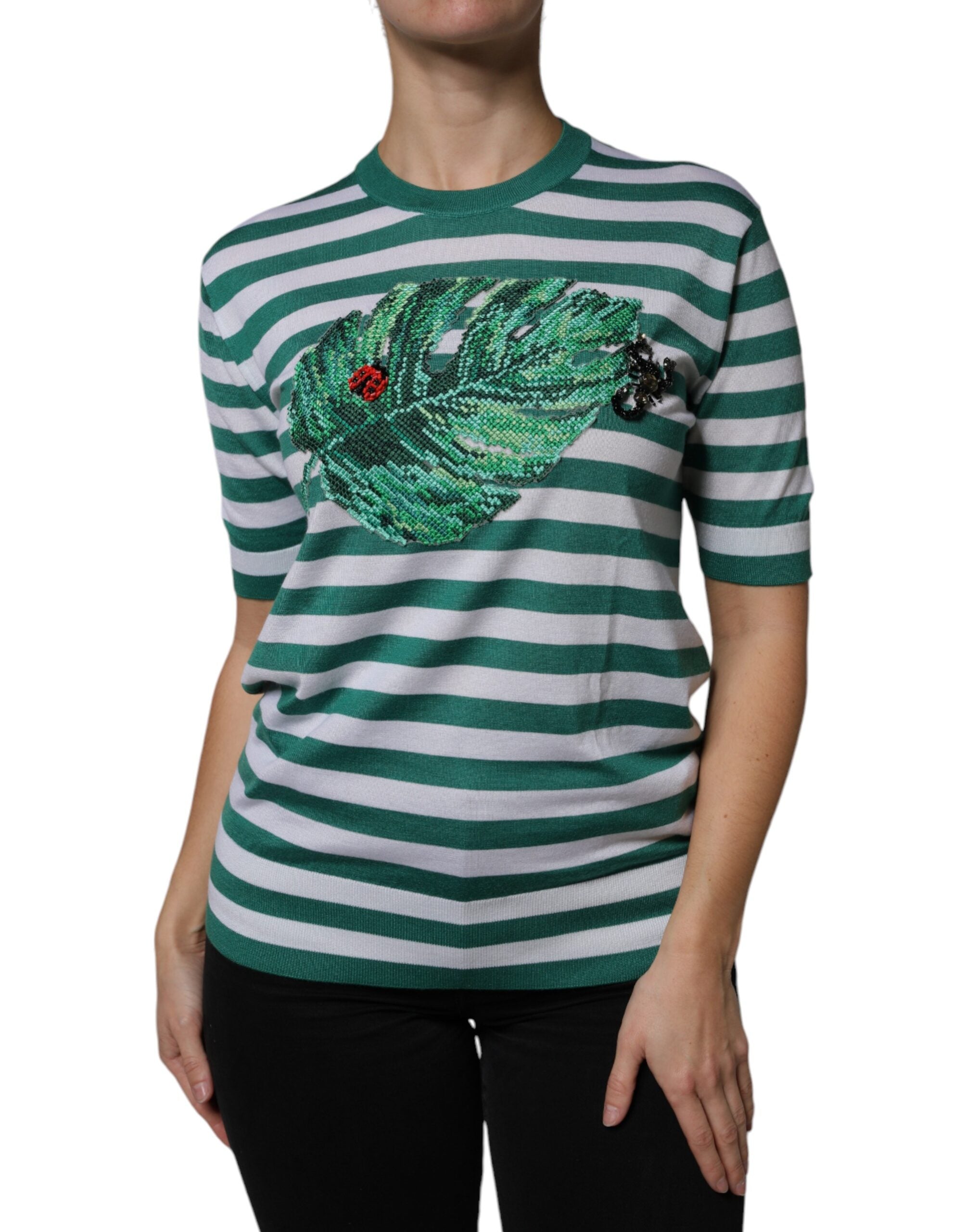 Striped Leaf Embroidery Cashmere-Silk T-Shirt — Green