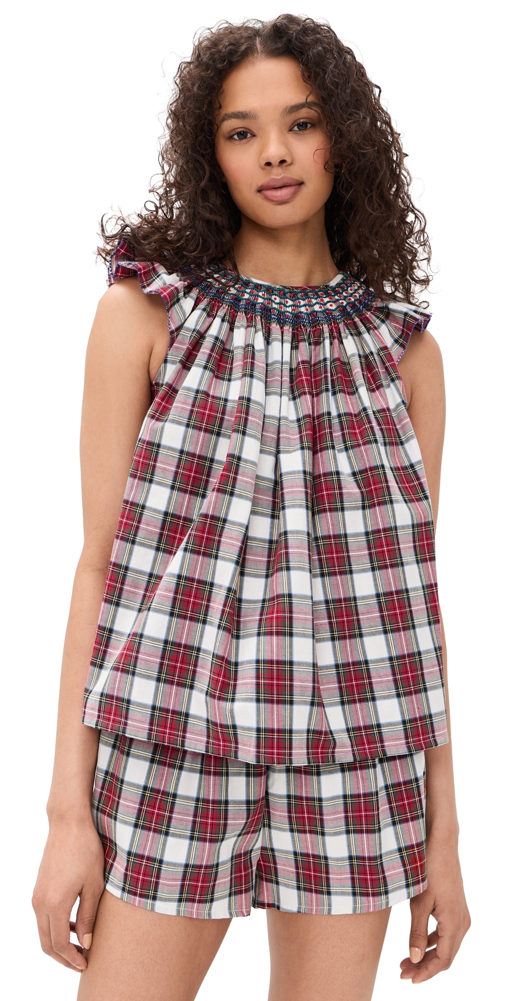 Smocked Short Pajama Set Cotton White Tartan