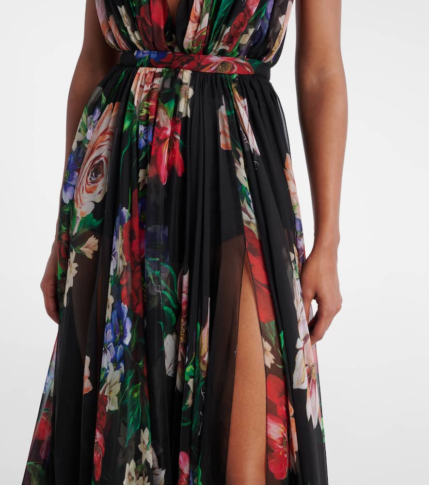 Floral pleated silk chiffon gown
