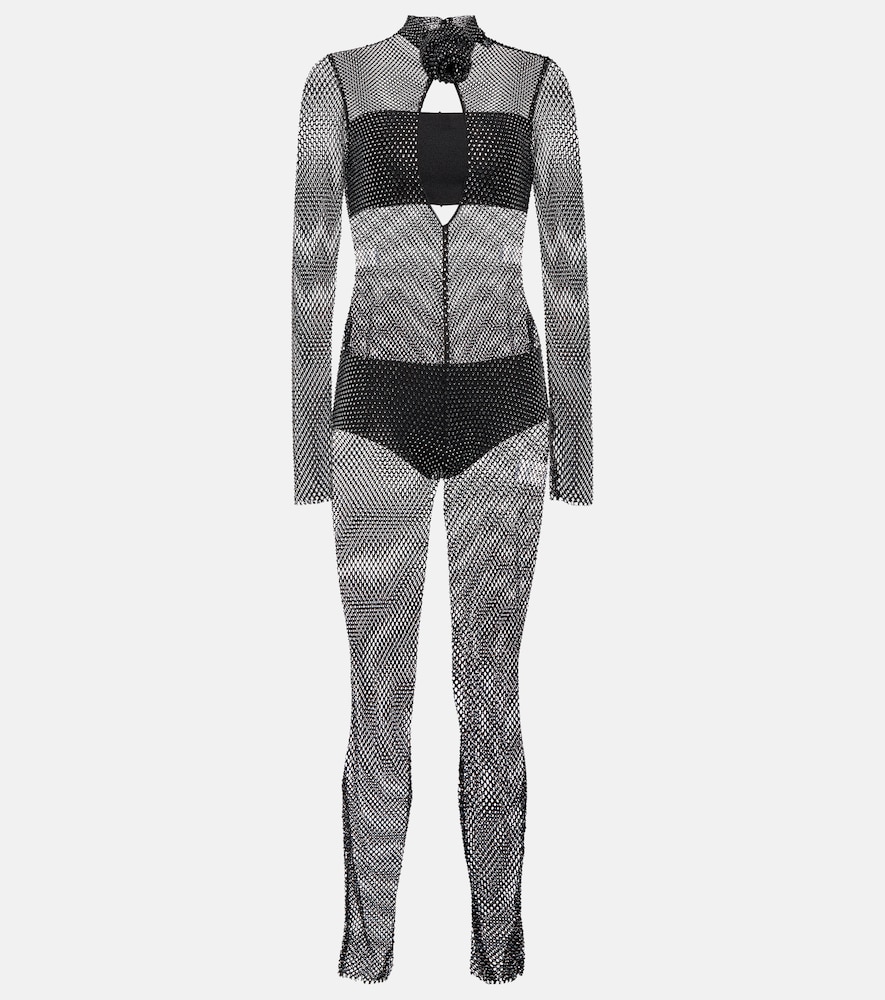 Crystal-embellished mesh jumpsuit