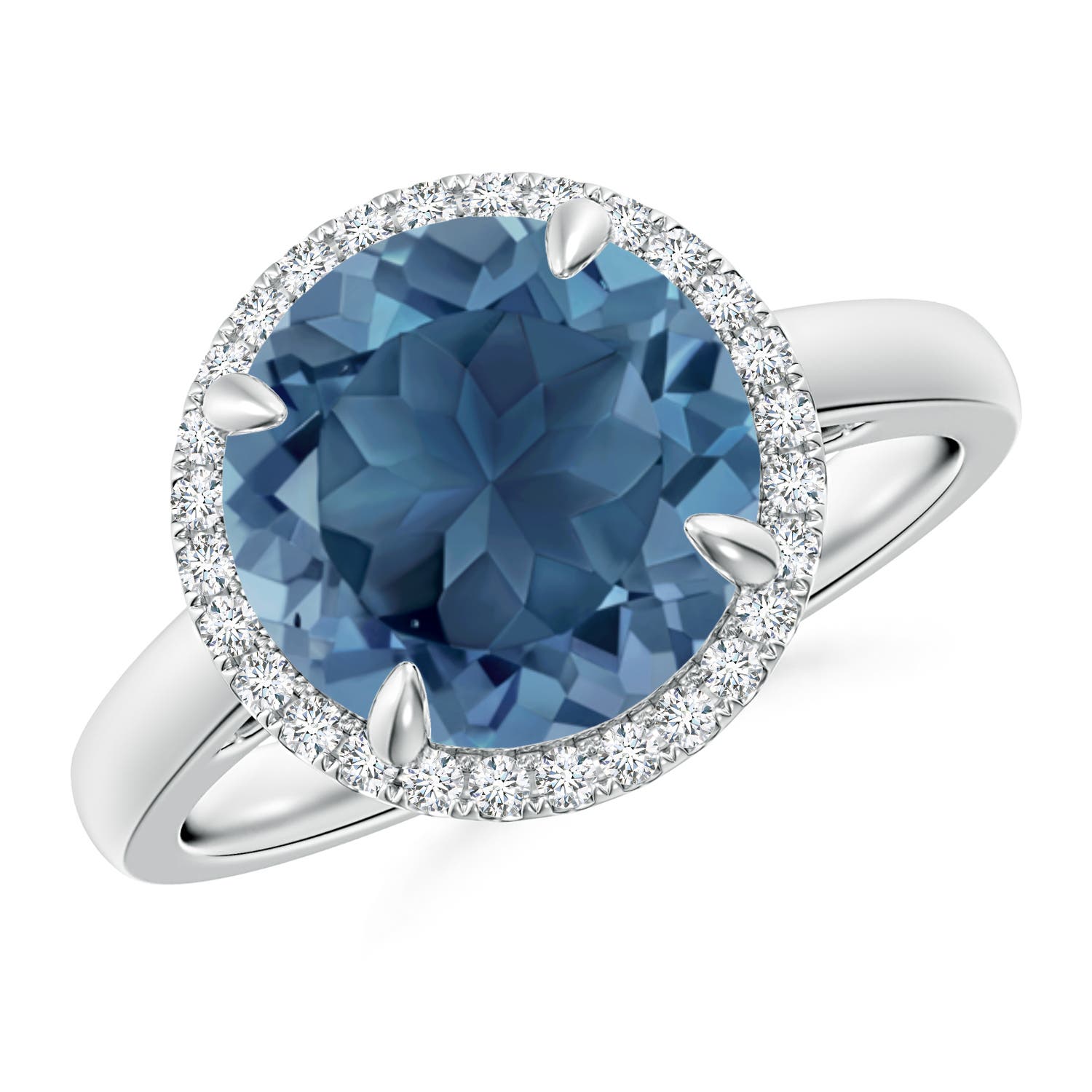 Angara 4.2 Carats Round London Blue Topaz Cathedral Ring with Diamond Halo in Platinum