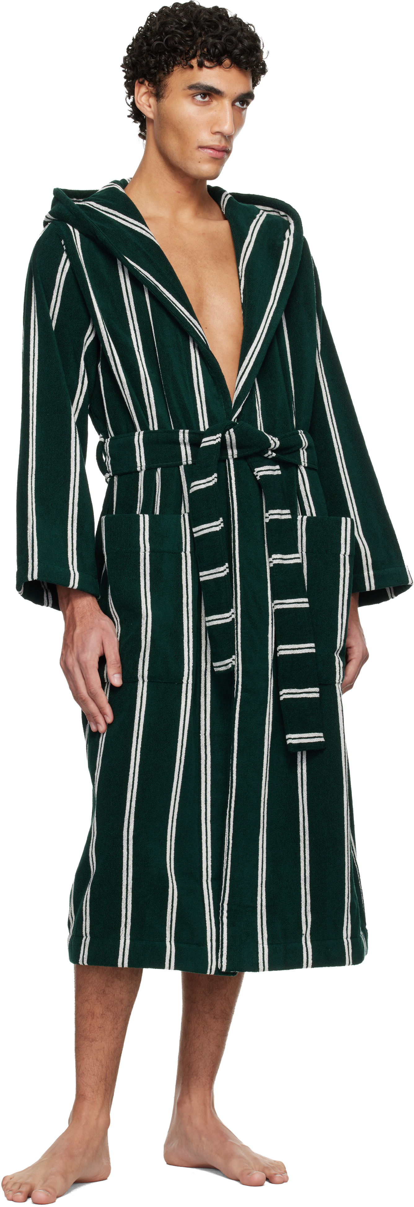 Green & White Terry Hooded Bathrobe