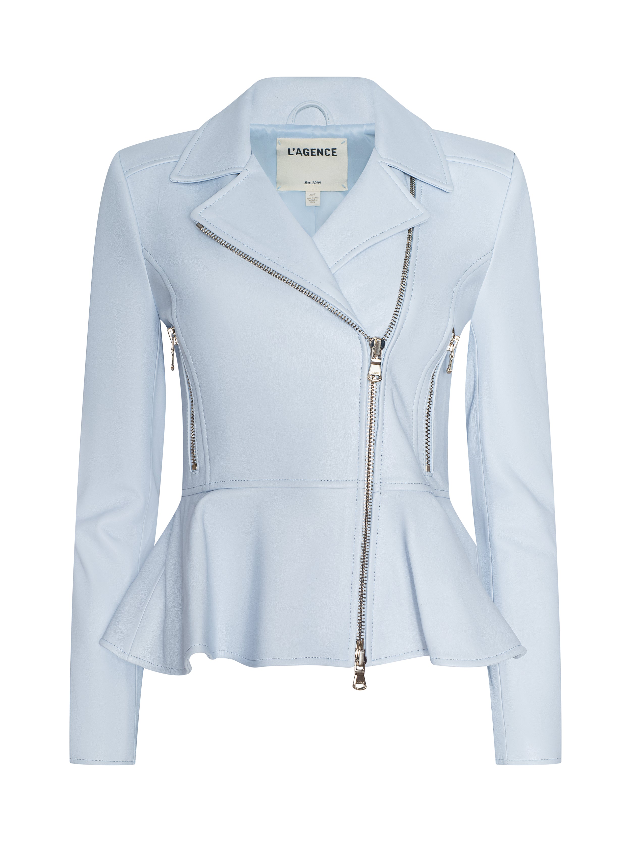 Lyric Peplum Biker Jacket In Pale Mist Blue