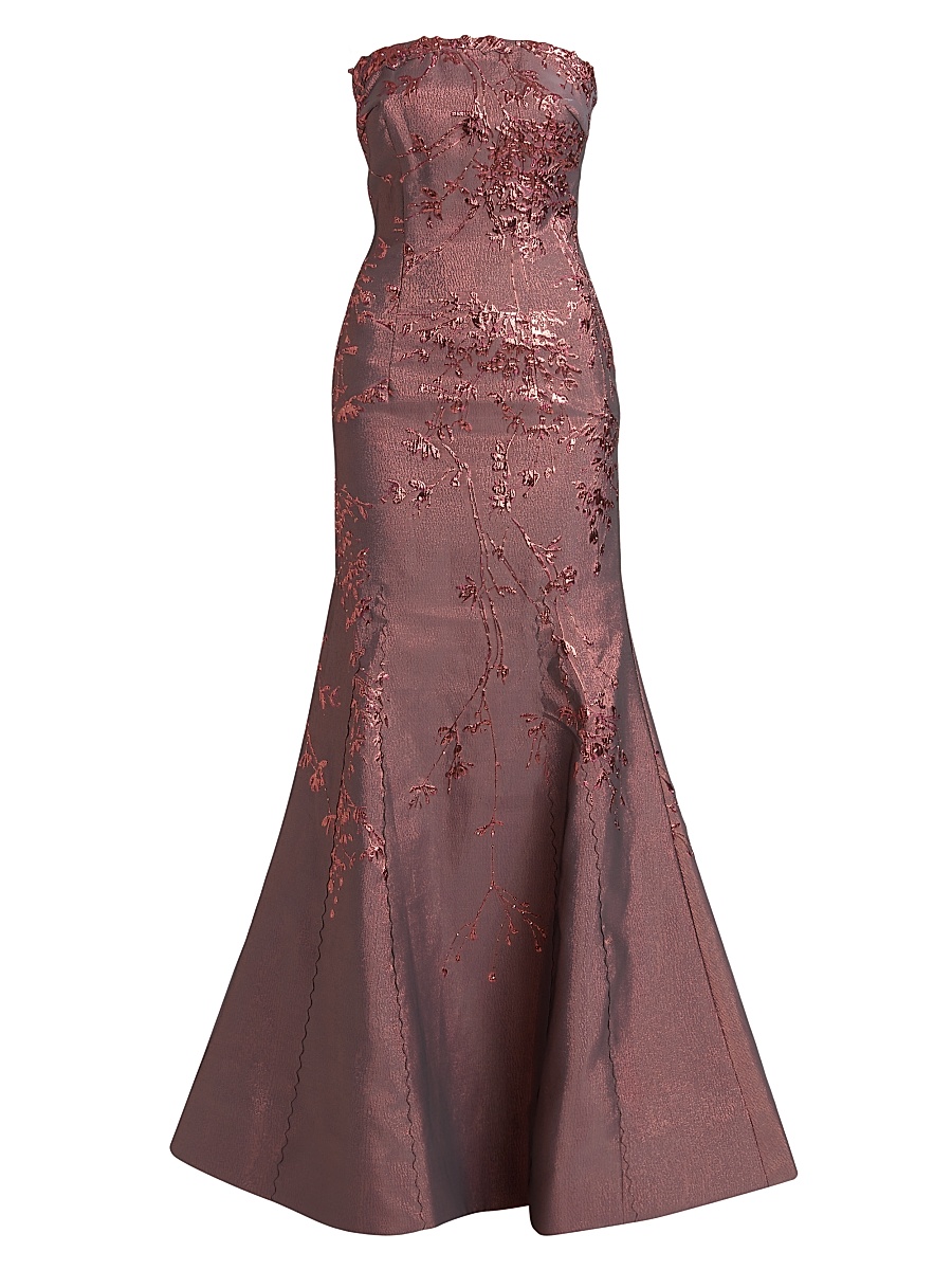 Women's Floral Brocade Strapless Fit & Flare Gown - Coral