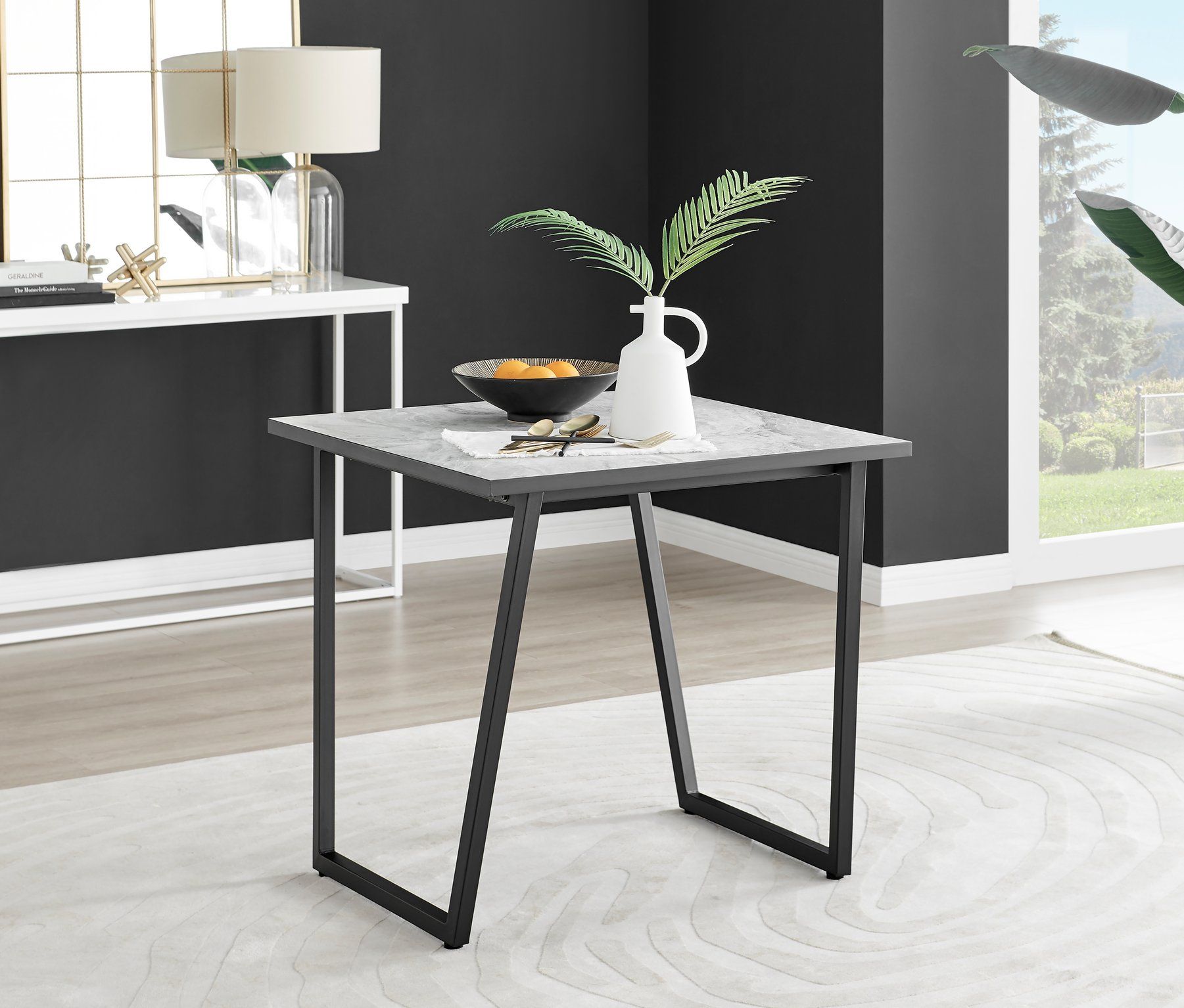Carson White Marble Effect Square Dining Table & 2 Velvet Pesaro Silver Leg Chairs