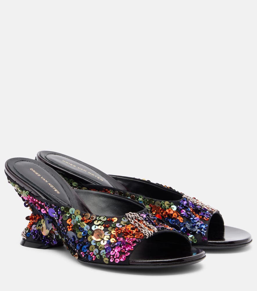 75 sequined leather wedge mules