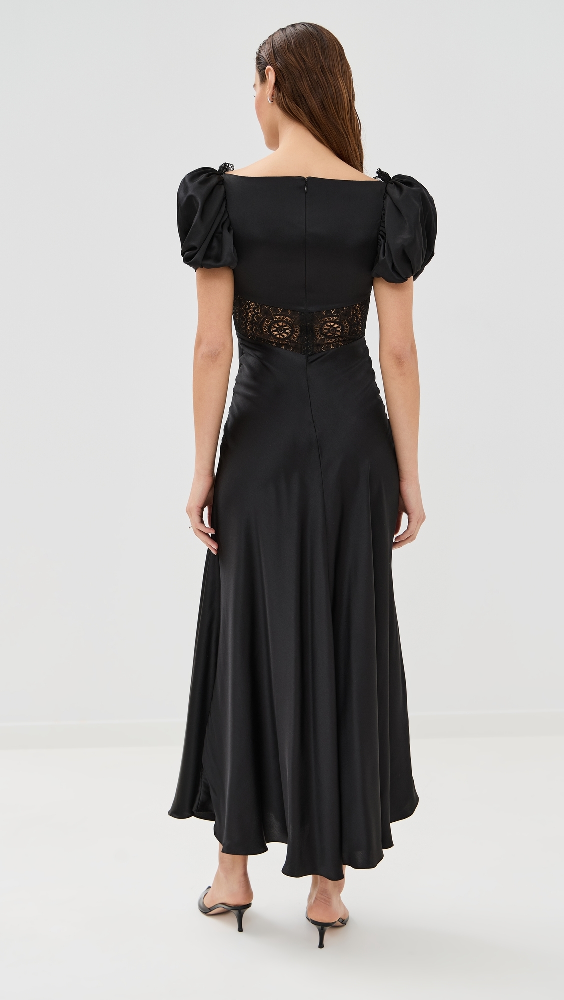 Satin Bias Dress with Gathered Bust and Black Lace Detail Black