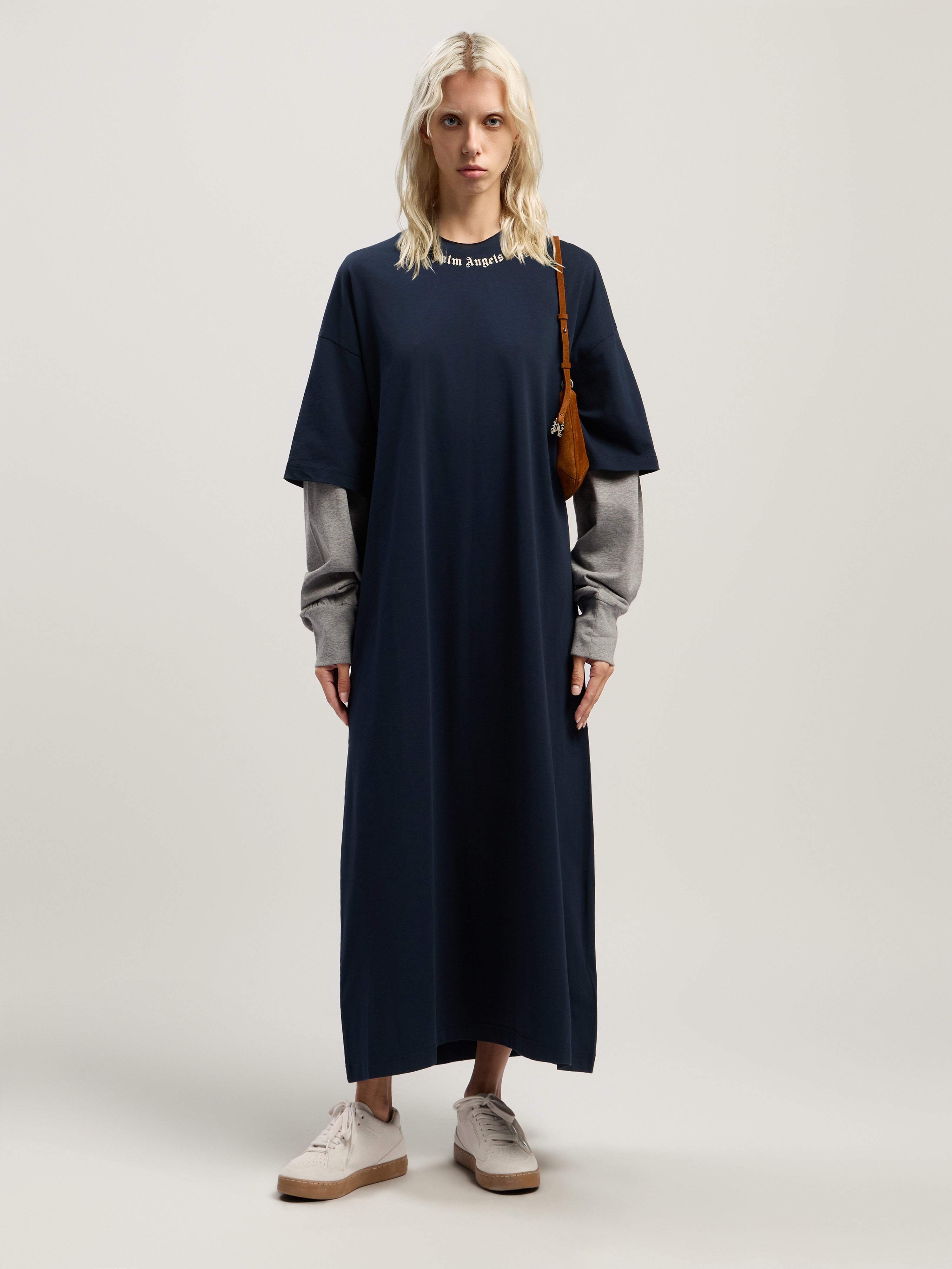 Curved Logo Layered Dress Woman  Dark Blue