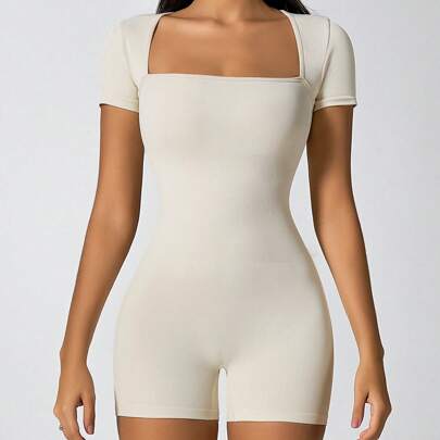 Women's Square Neck Ribbed Tummy Control Lifting Yoga Jumpsuit For Dance, Fitness, Outdoor