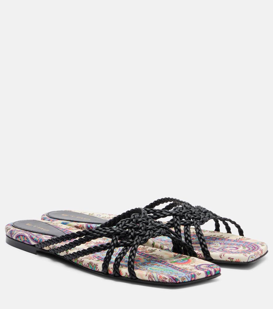 Canvas-trimmed printed leather slides