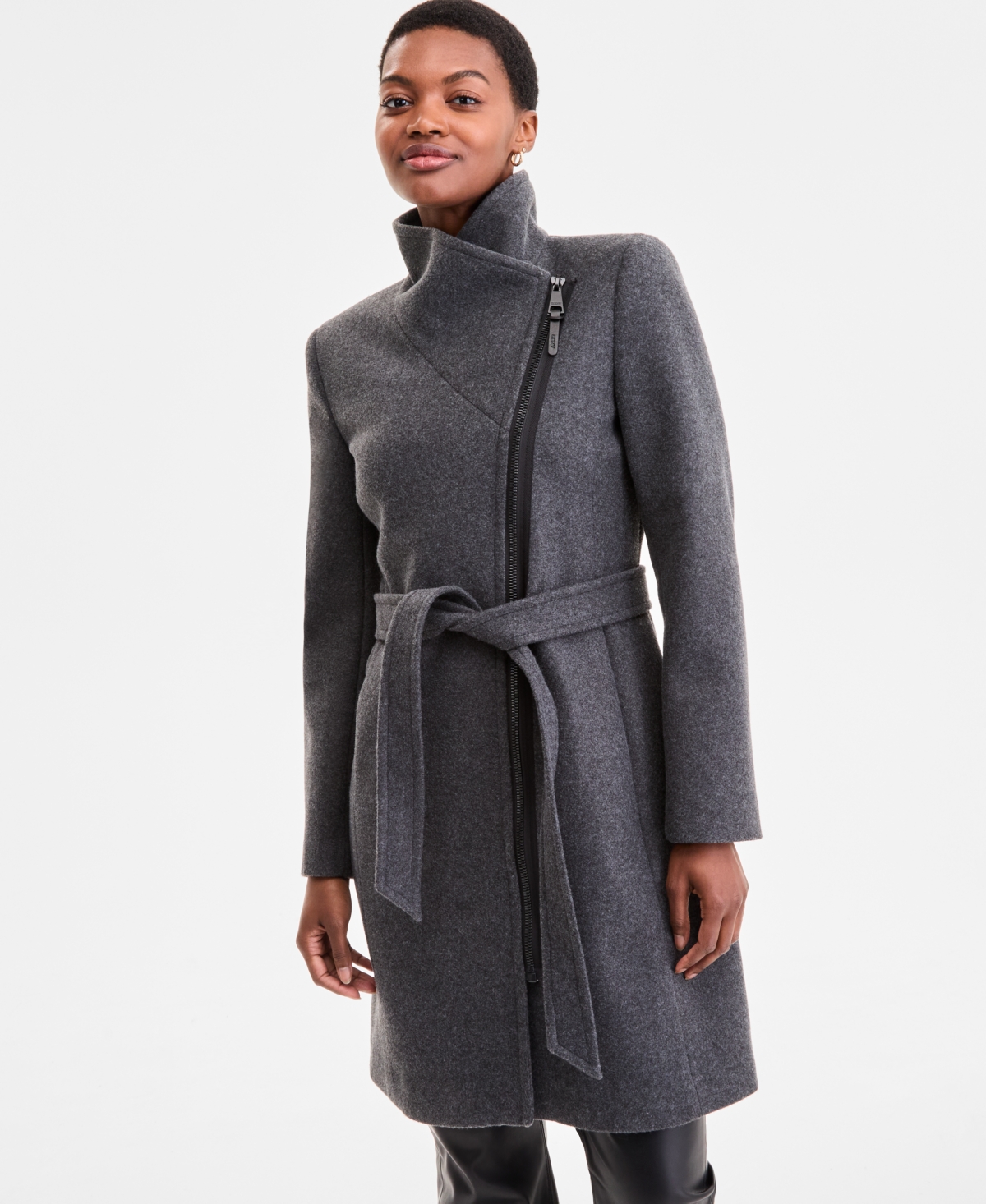 Women's Asymmetric Front-Zip Belted Coat, Exclusively at Macy's - Med Grey Melange
