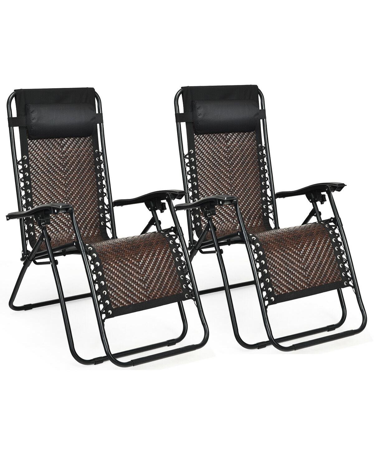 2 Pieces Folding Patio Rattan Zero Gravity Lounge Chair - Light brown