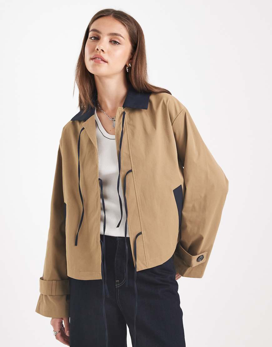 Tie front cropped trench coat in beige-Neutral